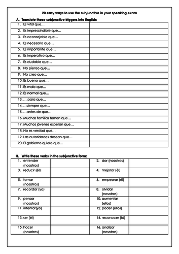 Spanish Subjunctive - 20 structures for speaking & writing at A Level