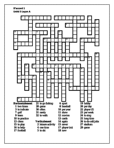D'accord 1 Unité 5 Leçon A Crossword