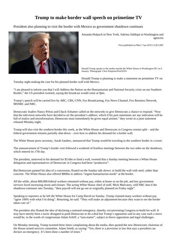 Trump to make border wall speech Guardian article comprehension questions