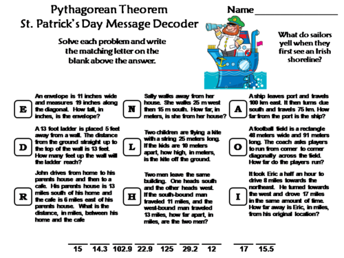 Pythagorean Theorem St. Patrick's Day Math Activity: Message Decoder