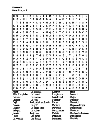 D'accord 1 Unité 5 Leçon A Wordsearch