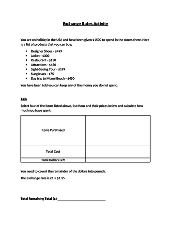 Exchange Rates Worksheet