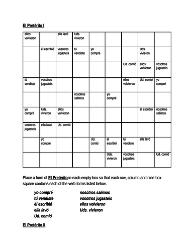 Pretérito regular Spanish Verbs Sudoku