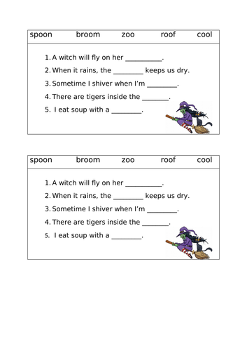 Yr 1 Phonics long /oo/ sentence worksheet