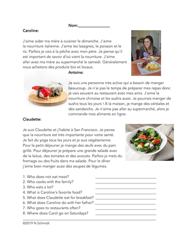 La nourriture Lecture en Français: Food Easy French Reading