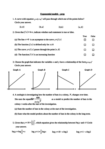 Exponential models (new A level maths) - homework/test