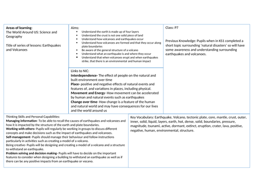 Earthquakes and Volcanoes Scheme of Work