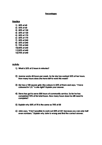 Percentages Lesson - 25 and 50%