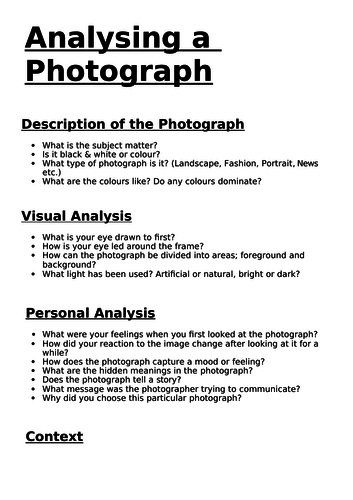 Analysing a Photograph worksheet