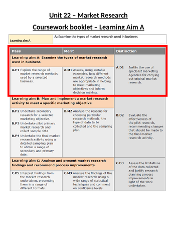 *NEW* BTEC Level 3 Business: Unit 22- Market Research Writing Guide (Learning Aim A)