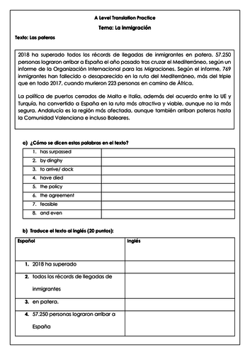 Spanish A Level la inmigración las llegadas en patera: translations on illegal immigration to Spain