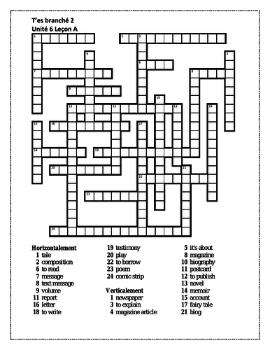 T'es branché 2 Unité 6 Leçon A Crossword | Teaching Resources