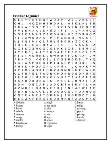 Frutas e Legumes (Fruits and Vegetables in Portuguese) Wordsearch