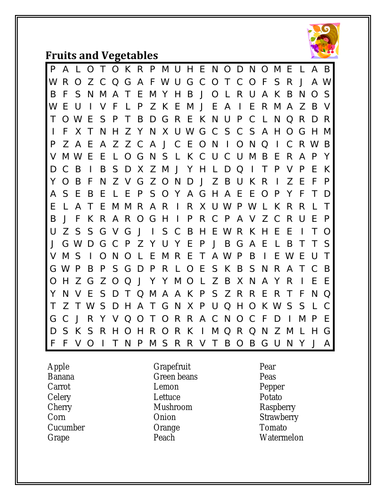 fruits and vegetables in english wordsearch teaching