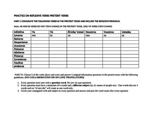 Practice reflexive verbs preterit