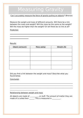 YEAR 6 SCIENCE FORCES/ differentiated 3 worksheets- measuring forces experiment recording sheet