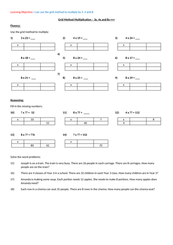 Grid Multiplication - Mastery Questions (3x, 4x & 8x)