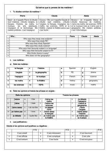 French School Subjects: les matières (5 worksheets)