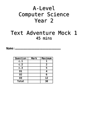AQA - A-Level Computer Science (Text Adventure) (Short Mock Paper 1)