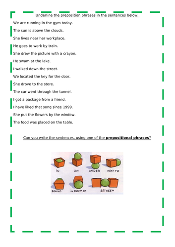 Expanded noun phrases and preposition worksheets