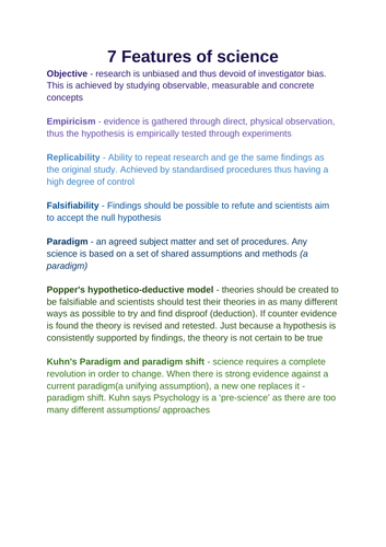 7 Features of Science worksheet/ Poster OCR ALevel Psychology