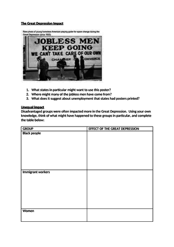 Impact of the Great Depression - presentation and worksheet GCSE