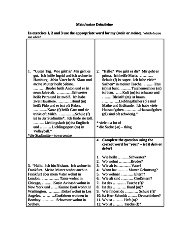 Reading/gap fill worksheet practising mein/meine