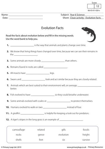 KS2 Cloze Exercise - Evolution Facts