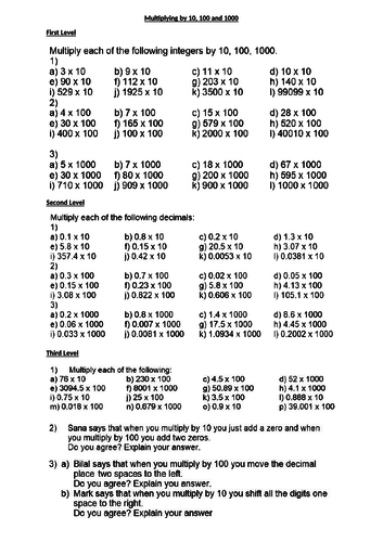 Multiplying by 10, 100 and 1000