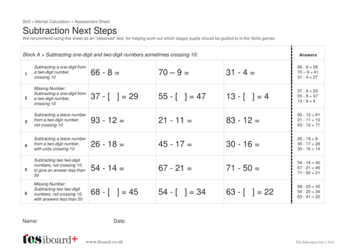 KS1 Subtraction Assessment Sheet