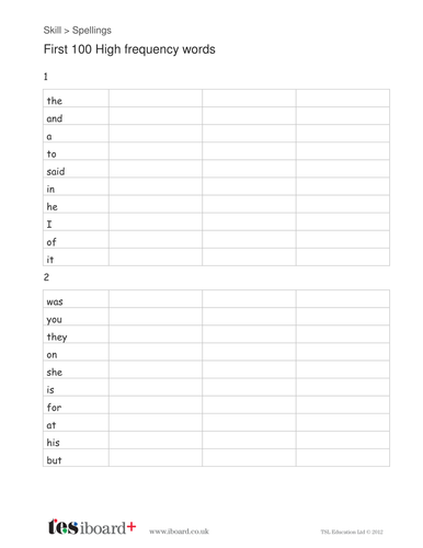 First Hundred High Frequency Words - Spelling List - KS1