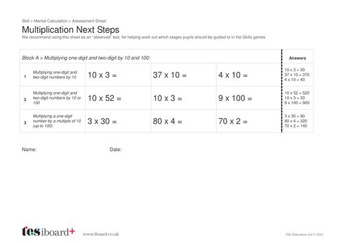 KS1 Multiplication Assessment Sheet