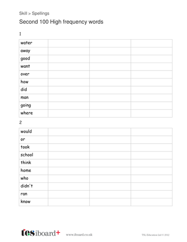 second hundred high frequency words spelling list ks1 teaching