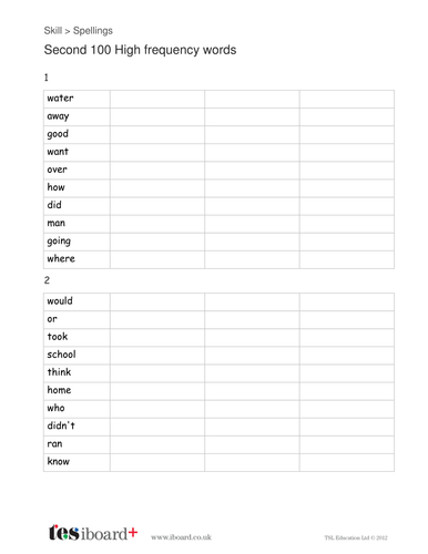 Second Hundred High Frequency Words - Spelling List - KS1