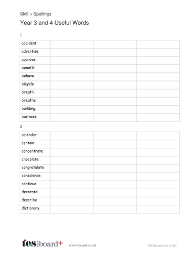 Spelling Year 3 and 4 Useful Words Worksheet - KS2