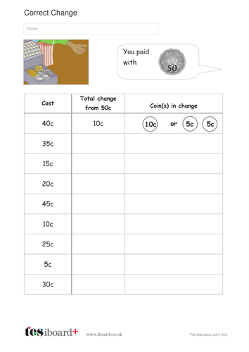 Calculate the Correct Change Worksheet - Measurement KS1 | Teaching