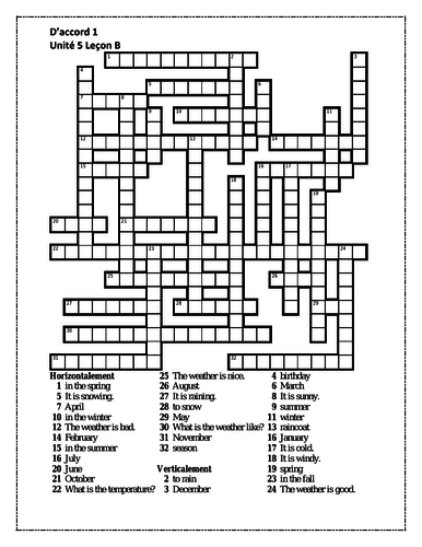 D'accord 1 Unité 5 Leçon B Crossword