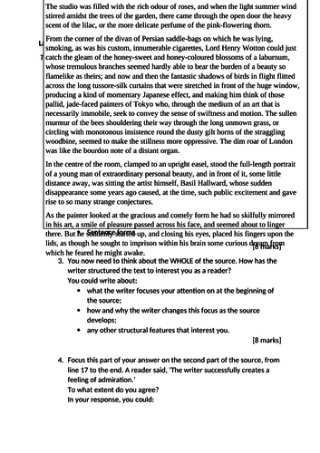 9-1 GCSE AQA Language Paper 1 Dorian Gray by Oscar Wilde
