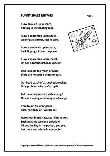 Funny Space Rhymes by katewilliams_poetry | Teaching Resources