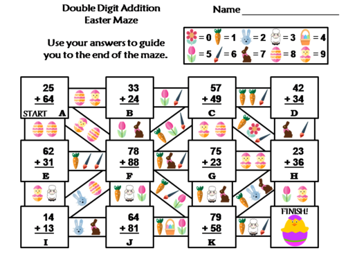Double Digit Addition With and Without Regrouping Easter Math Maze
