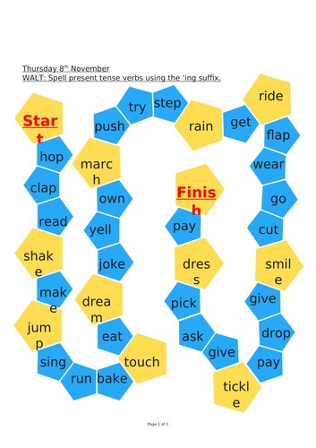 Year 2 Spelling: Add 'ing' suffix present tense board game