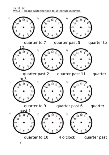 year 2 maths tell time to the nearest 15 minute intervals teaching