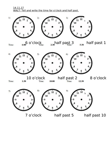 year 12 maths tell the time oclock and half past teaching resources