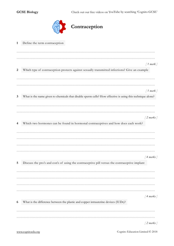 GCSE Biology (9-1) - Contraception - Worksheet & Video