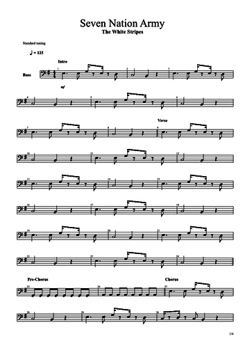 In the style of 'Seven Nation Army' (Guitar, Bass, Drums) transcription of a GCSE ensemble performan