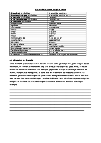 GCSE French Une Vie Saine Vocabulary and Reading