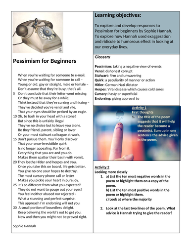 Poetry worsheet - Pessimism for beginers.