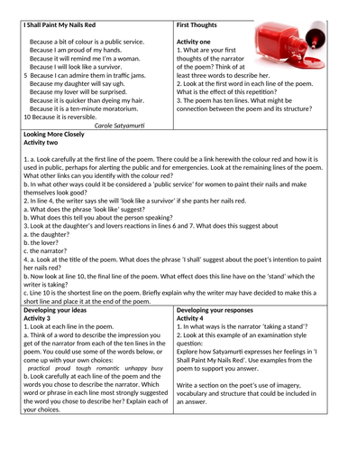 Poetry worksheet - I shall paint my nails red