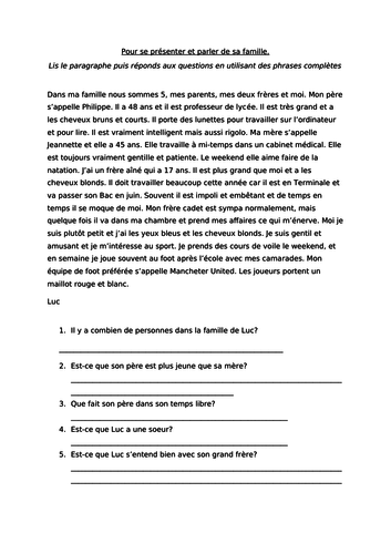 Gcse French Ma Famille Et Moi Reading Task Teaching Resources