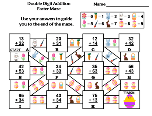 Double Digit Addition Without Regrouping Easter Math Maze